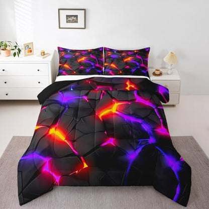 Feelyou Kids Honeycomb Duvet Insert Queen Size, Purple Black Hexagonal Bedding Set Geometrical Comforter Set Boys Girls Teens Bedroom Decor Bed Set 3Pcs