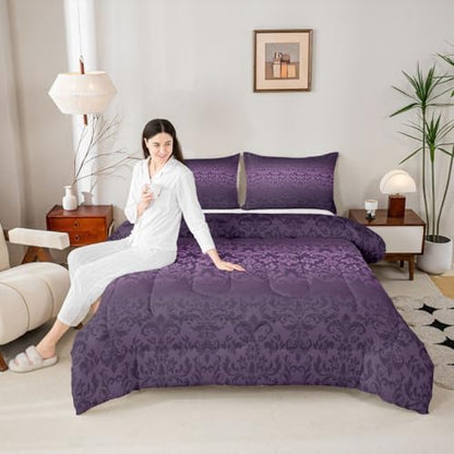 jejeloiu Gothic Damask Kids Comforter Set Toddler Size Vintage Jacquard Bedding Set Purple Exotic Floral Duvet Quilt for Kids Boys Girls Bedroom Antique Classic Decor Microfiber Ultra Soft Breathable