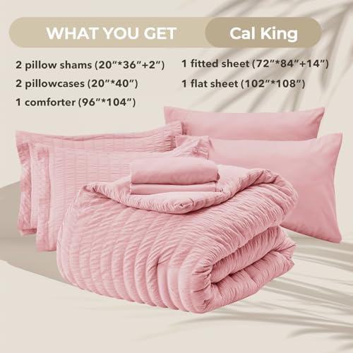 HYMOKEGE Pink California King Comforter Set Seersucker 7 Pieces, All Season Luxury Bed in a Bag for Bedroom, Bedding Set with Comforters, Sheets, Pillowcases & Shams