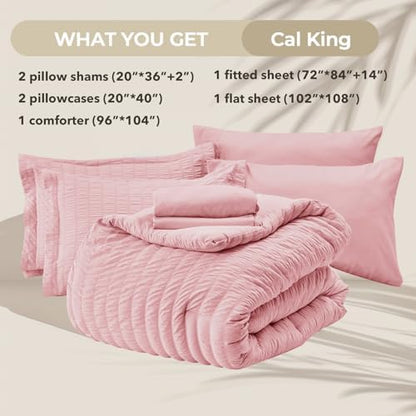 HYMOKEGE Pink California King Comforter Set Seersucker 7 Pieces, All Season Luxury Bed in a Bag for Bedroom, Bedding Set with Comforters, Sheets, Pillowcases & Shams