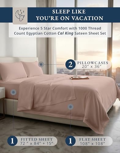 LANE LINEN Cal King Sheet Set 100% Egyptian Cotton Sateen - Sepia Rose