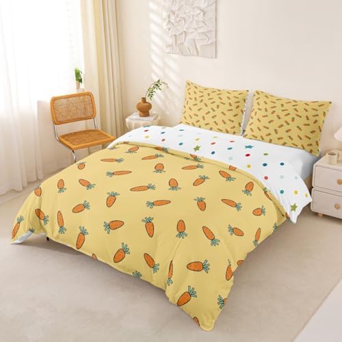 Carrot Duvet Cover Cute Cartoon Reversible Comforter Cover Set for Kids Girls Teen Soft Microfiber Bedding Set with Zipper Ties Modern Simple Style Bedspread,1 Duvet Cover with 2 Pillow Cases,Full