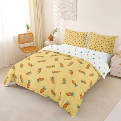 Carrot Duvet Cover Cute Cartoon Reversible Comforter Cover Set for Kids Girls Teen Soft Microfiber Bedding Set with Zipper Ties Modern Simple Style Bedspread,1 Duvet Cover with 2 Pillow Cases,Full