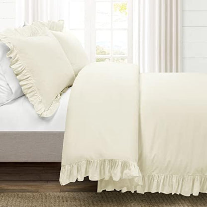 Lush Decor Reyna Ruffle Cotton Duvet Cover Set 3 Piece Set Full/ Queen, Ivory - Queen Size Bedding Set - Cream Duvet Queen- Ruffled Bedding - Coquette Decor