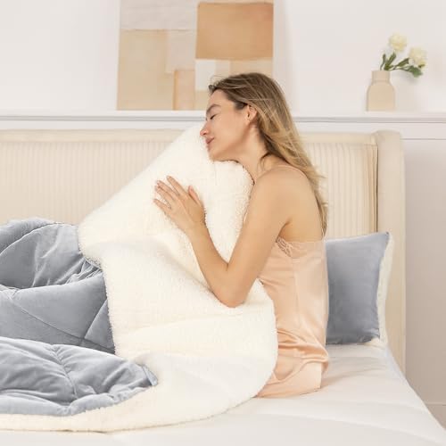 Fluffy Sherpa Queen Comforter Set, Thick Bedding Set 3 Pieces, Light Grey