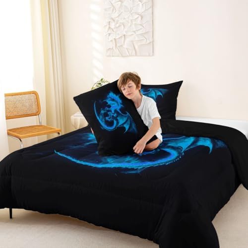 Feelyou Dragon Comforter Set King Size Jungle Dragon Bedding Set for Kids Boys Girls Magical Beast Duvet Quilt Wild Animal Bedroom Decor Fantasy Animal Microfiber 3 Pcs with 2 Pillow Cases