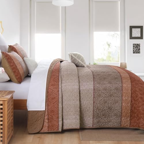 Cottolester Boho Quilt Set Queen,3 Pcs Red Orange Striped Plaid Bedspread