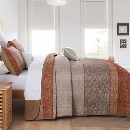 Cottolester Boho Quilt Set Queen,3 Pcs Red Orange Striped Plaid Bedspread