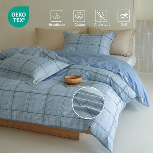 Blue Plaid Comforter Set 3 Pieces - 100% Cotton Grid Gingham Pattern Reversible Comforter King Size, Soft and Hypoallergenic Bedding Set