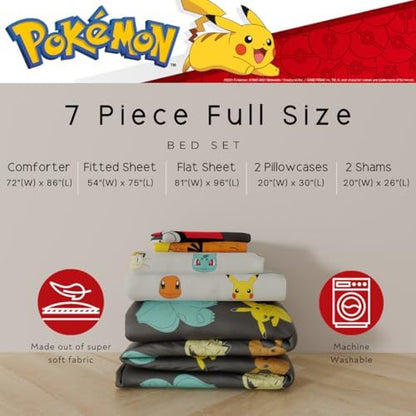Pokemon Bedding Set, Full Size 7 Piece Set Kids Super Soft Cozy Reversible Comforter and Sheet Set with Sham, (100% Officially Licensed Product) by Franco
