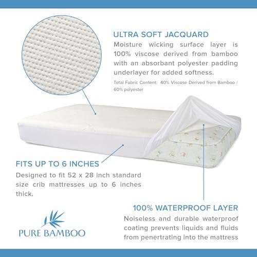 Bamboo Crib Mattress Protector by Pure Bamboo, Waterproof - Breathable, Noiseless Mattress Cover Pad Protects Against Moisture & Stains - Fits 52x28x6 inch Mattress