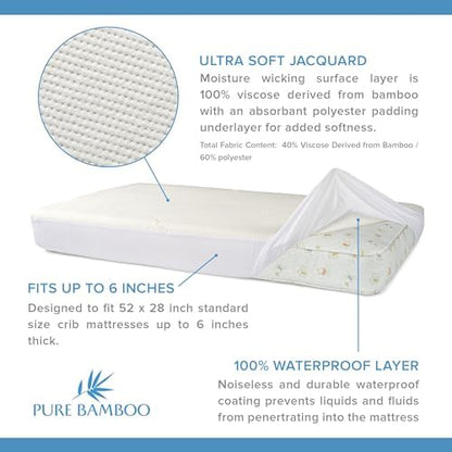 Bamboo Crib Mattress Protector by Pure Bamboo, Waterproof - Breathable, Noiseless Mattress Cover Pad Protects Against Moisture & Stains - Fits 52x28x6 inch Mattress