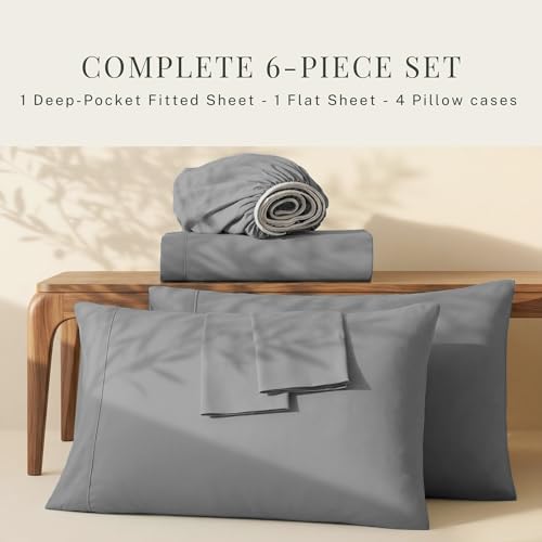 Hearth & Harbor Extra Deep Pocket Split King Sheets Sets - Fits Mattress 18-24 Inches Deep - Extra Deep Pocket Sheets - 6 Piece Split King Size