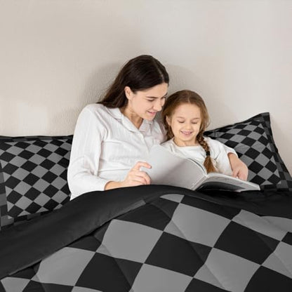 Checkered Geometric Comforter Set Full Size Black Grey Plaid Bedding Set for Kids Boys Girls Checkerboard Modern Aesthetic Duvet Quilt Cute Retro Neutral Bedroom Decor 3 Pcs with 2 Pillow Cases
