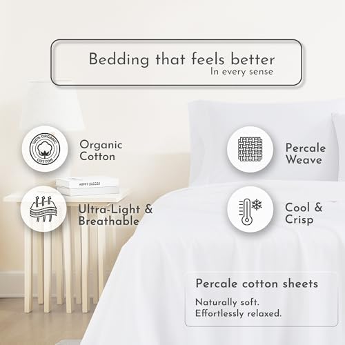 Linen Closet 100% Organic Cotton Full Size Sheets Set, 4 Pcs, Arctic White - Percale Bed Sheets & Pillowcases Set - Up To 16" Deep Pocket Fitted Sheet - Cooling, Crisp & Breathable - For Hot Sleepers
