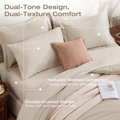 Sasttie King Comforter Set 7-Piece Beige, Pre-Washed Bed in a Bag