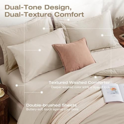 Sasttie King Comforter Set 7-Piece Beige, Pre-Washed Bed in a Bag