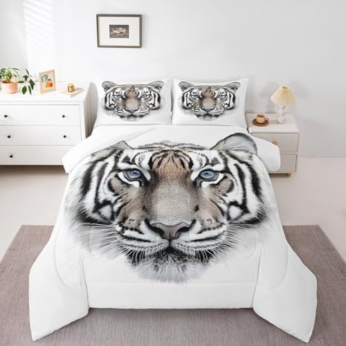 Erosebridal Boys Tiger Comforter Set Queen Size, Wild Animal Print Down Comforter for Boys Girls Teens Adult Bedroom, Grey Tiger Skin Duvet Insert Black White Stripe Bedding Comforters for Bedroom