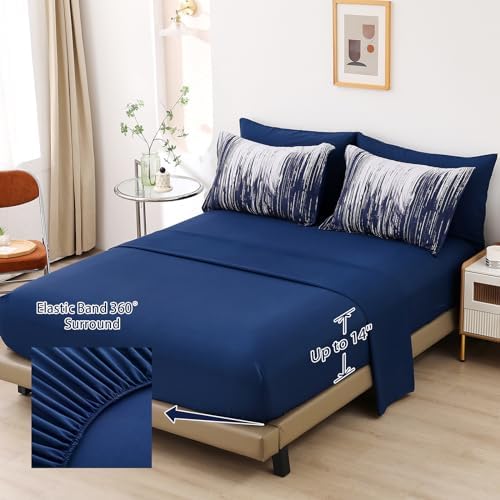 Dinjoy Ombre Blue Comforter Set King Size Gradient Navy Blue White Boho Bedding Set for Teen Men Women 7 Pieces Bed in A Bag Bohemian Bed Set with Comforter, Sheets, Pillowcases & Shams