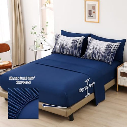 Dinjoy Ombre Blue Comforter Set King Size Gradient Navy Blue White Boho Bedding Set for Teen Men Women 7 Pieces Bed in A Bag Bohemian Bed Set with Comforter, Sheets, Pillowcases & Shams
