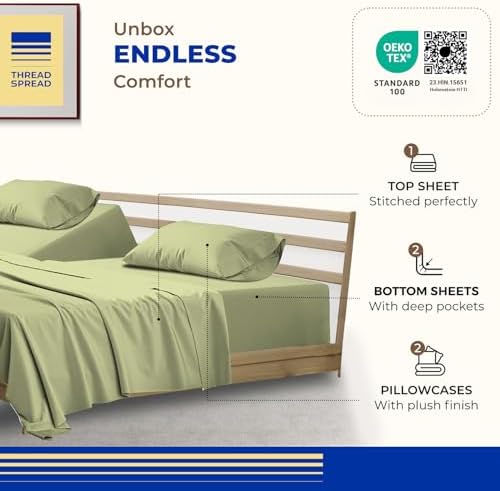 THREAD SPREAD Split King Sheet Set, Luxury 1000 Series Paradise Collection 100% Egyptian Cotton Split King Sheets Sets for Adjustable Bed (5 PC, Sage Green), Soft, 16" Deep Pocket Hotel Sheets