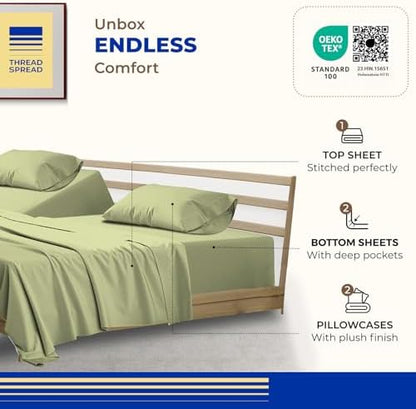 THREAD SPREAD Split King Sheet Set, Luxury 1000 Series Paradise Collection 100% Egyptian Cotton Split King Sheets Sets for Adjustable Bed (5 PC, Sage Green), Soft, 16" Deep Pocket Hotel Sheets