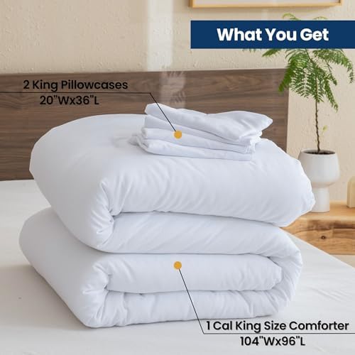 Paxrac Classic Pure White California King Comforter, 3 Pieces Oversized King Comforter Set, Lightweight Solid Bedding Set, All Seasons Soft Cal King Comforter Set (104x96In Comforter & 2 Pillowcases)