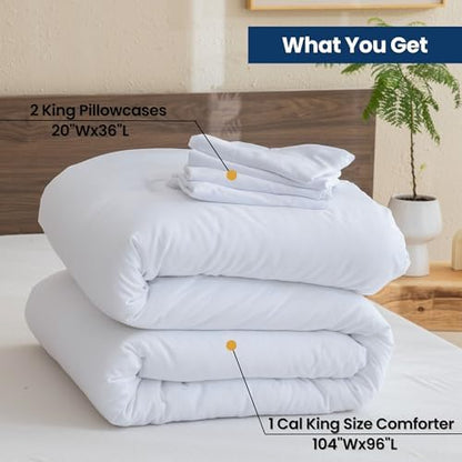 Paxrac Classic Pure White California King Comforter, 3 Pieces Oversized King Comforter Set, Lightweight Solid Bedding Set, All Seasons Soft Cal King Comforter Set (104x96In Comforter & 2 Pillowcases)