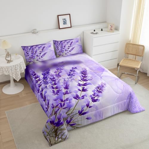 Manfei Lavender Comforter Set King Size, Purple Flower Bedding Set 3pcs for Kids Girls Teens Room Decor, Botanical Floral Print Quilt Set with 2 Pillowcases