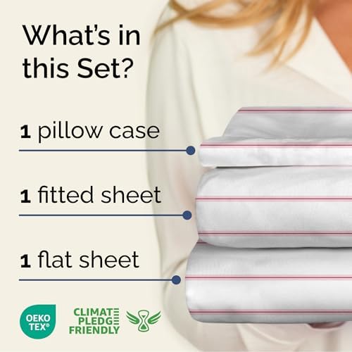 Twin 3 Piece Striped Sheet Set - Soft, Breathable & Cooling - Red Stripe