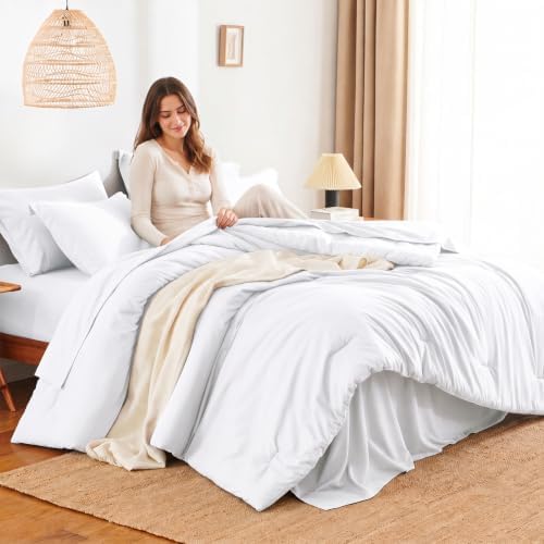 HIMEET Full Comforter Set, 7-Piece Point-Quilted Bed in a Bag, White