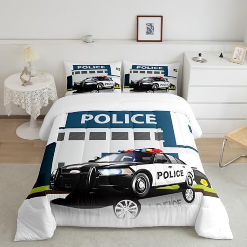 Children Police Car Down Comforter, 3D Car Pattern Comforter Set Queen Size for Kids Boys Girls Teens Bedroom, Cartoon Automobile Quilted Duvet, Decorative 3 Piece Bedding Set with 2 Pillow Cases