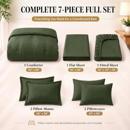 CozyLux Full Size Comforter Set Olive Green, 7 Pieces Bed in a Bag