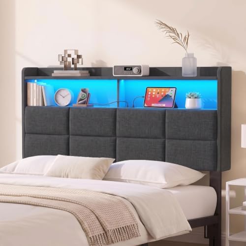 Garvee Full Size Headboard Only with 2-Tier Storage,Charging Station,Grey