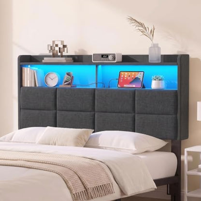 Garvee Full Size Headboard Only with 2-Tier Storage,Charging Station,Grey