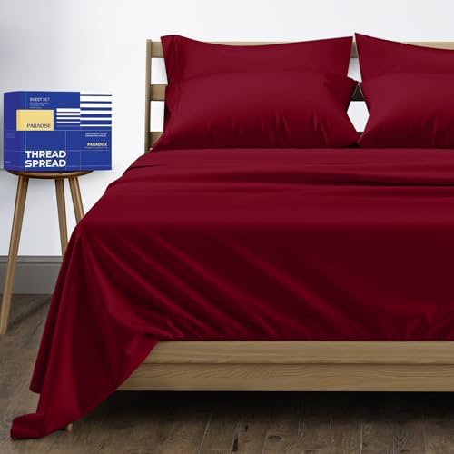 THREAD SPREAD Egyptian Cotton Sheets Queen Size - 1000 Series High Thread Count Cotton Queen Sheet Set (6 PC, Burgundy), 16" Snug Fit Deep Pocket, Cooling, Sateen Weave, Ultra-Soft Hotel Luxury Sheets