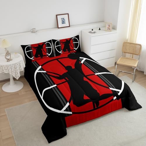 Boys Basketball King Size Comforter Set,Kids Basketball Players Pattern Decor All Season Bedding Set,Teens Sports Theme Comforter,Girls Young Man Black and Red Decor Quilt Set Bedroom Collection 3Pcs