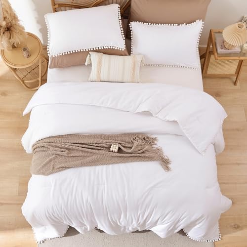 YIRDDEO King Size Comforter Set, White Ball Pom Fringe Bedding Set 3 Pieces