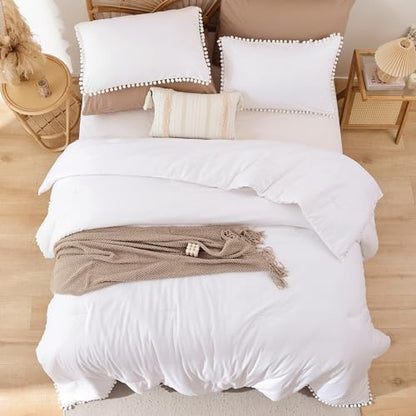 YIRDDEO King Size Comforter Set, White Ball Pom Fringe Bedding Set 3 Pieces