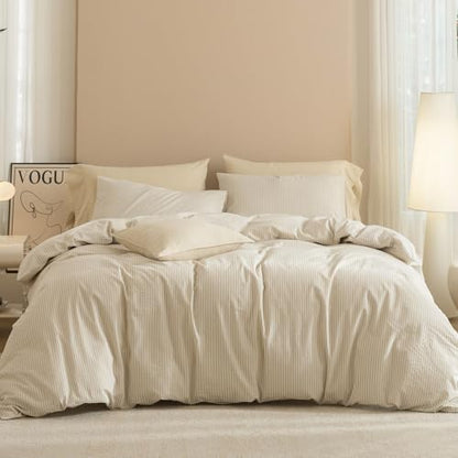 JIYUAN Super King Plus Washed Cotton Duvet Cover Set Linen-Like Pinstripe