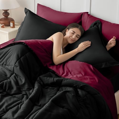 JOLLYVOGUE California King Comforter Set, Ultra-Soft Bed in a Bag 7 Pieces, Oeko-TEX Certified Bedding Set with Down Alternative Comforter, Sheets, Pillowcases & Shams, Black & Deep Burgundy