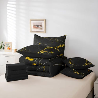 Erosebridal Marble Gold Textured King Bed in A Bag 7 Piece Stone Pattern Comforter Set with Sheets Ink Painting Marbling Bedding Sets for Kids Adults,Simple Modern Bed Set