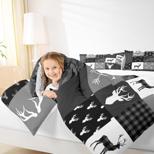 Camo Deer Comforter Set King Size,Western Rustic Farmhouse Xmas Bedding Set,Kids Boys Girls Room Decor,Antlers Arrows Geometric Plaids Comforter,Black Grey Retro Duvet Insert,3pcs,2 Pillowcases
