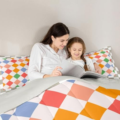 Feelyou Checkered Geometric Kids Comforter Set Queen Size Colorful Beige Brown Plaid Bedding Set Checkerboard Modern Aesthetic Duvet Quilt for Kids Boys Girls Bedroom Reversible Grey Decor