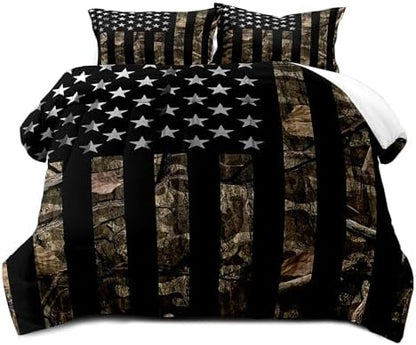 LUVIVIHOME 2PCS Camo Comforter Set Twin Size, Rustic Bedding, Black American Flag Bed Set, Country Farmhouse Hunting Bedroom Decor for Men Boys, Soft Microfiber Quilt, 1 Pillow Sham