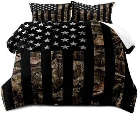 LUVIVIHOME 3PCS Camo Comforter Set Full Size, Rustic Bedding, Black American Flag Bed Set, Country Farmhouse Hunting Bedroom Decor for Men Boys, Soft Microfiber Quilt, 2 Pillow Shams