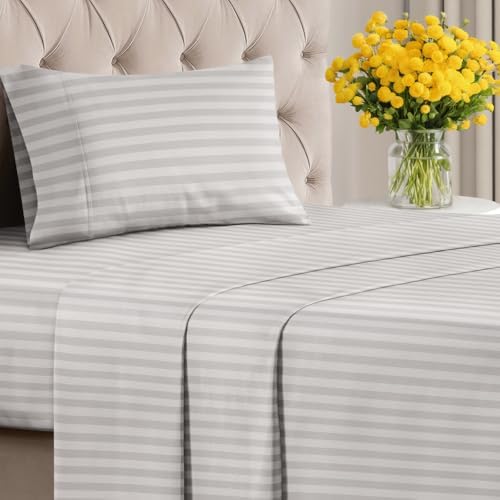 Twin 3 Piece Striped Sheet Set - Soft, Breathable & Cooling - Greyscale
