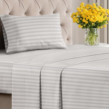 Twin 3 Piece Striped Sheet Set - Soft, Breathable & Cooling - Greyscale