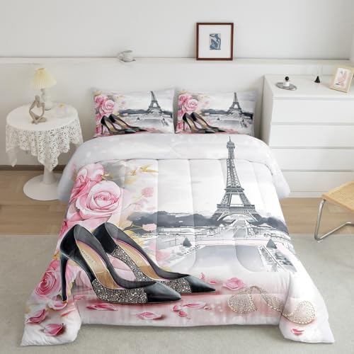 High-Heeled Shoes Princess Kids Comforter Set Queen Size,Roses Flowers Paris Eiffel Tower Bedding Set,Women Girls Room Decor,Glitter Diamond Romantic Down Comforter,Pink Duvet Insert,2 Pillowcases