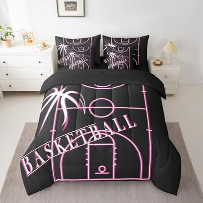 Erosebridal Kids Basketball Bed in a Bag 7-Piece for Girls Pink Bedding Set, Ball Gamer Full Size Comforter Set Sport Game Bedding Comforter Sets, Girly Basketball Court Bed Set (Black Reversible)